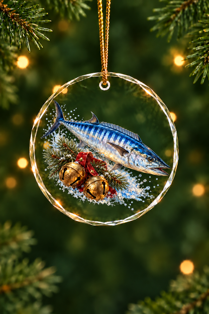 Brass Sleigh Bells Wahoo Glass Ornament, Angler Holiday Tree Decor