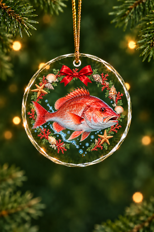 Coral Wreath Red Snapper Glass Ornament, Saltwater Fishing Christmas Keepsake