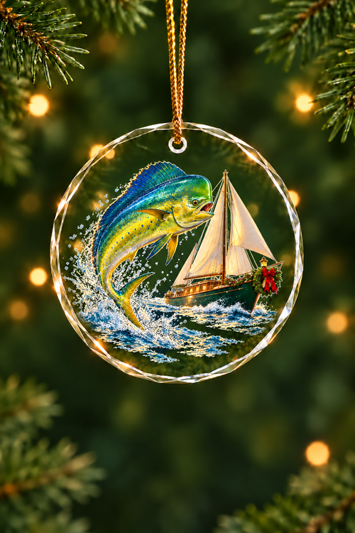 Wreath Sailboat Mahi Glass Ornament, Fisherman Christmas Gift