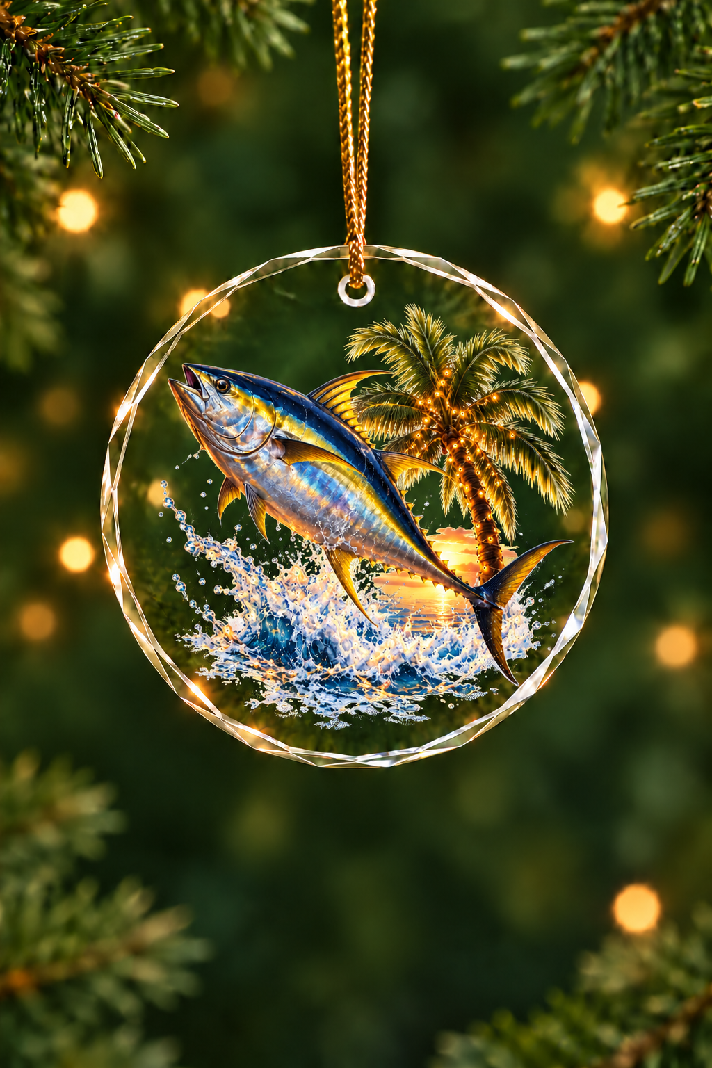 Palm Lights Yellowfin Tuna Glass Ornament, Angler Holiday Tree Decor