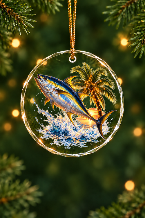 Palm Lights Yellowfin Tuna Glass Ornament, Angler Holiday Tree Decor
