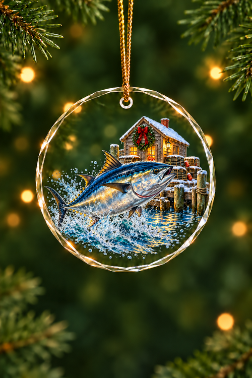 Snowy Wharf Bluefin Tuna Glass Ornament, Fisherman Christmas Gift