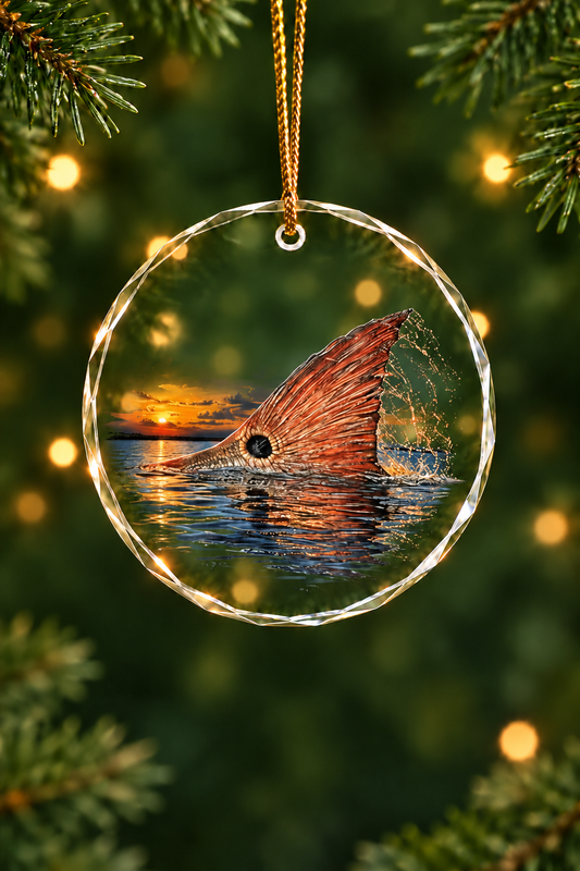 Sunset Redfish Tailing Glass Ornament, Angler Holiday Tree Decor