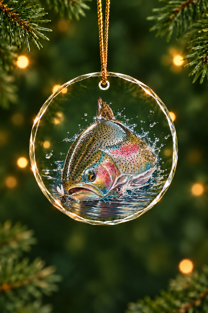 Crystal Ripple Trout Splash Glass Ornament, Angler Holiday Tree Decor