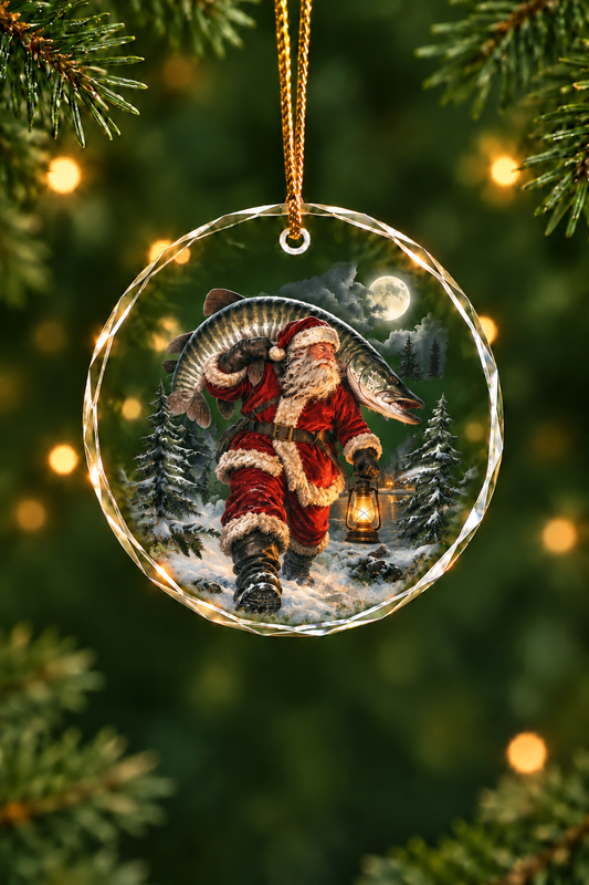 Moonlight Santa Musky Winter Glass Ornament, Fishing Christmas Tree Keepsake