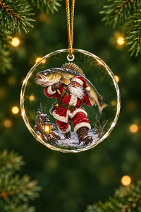 Santa Plaid Walleye Catch Glass Ornament, Angler Holiday Tree Decor