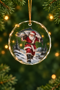 Santa Moonlight King Salmon Catch Glass Ornament, Angler Holiday Tree Decor