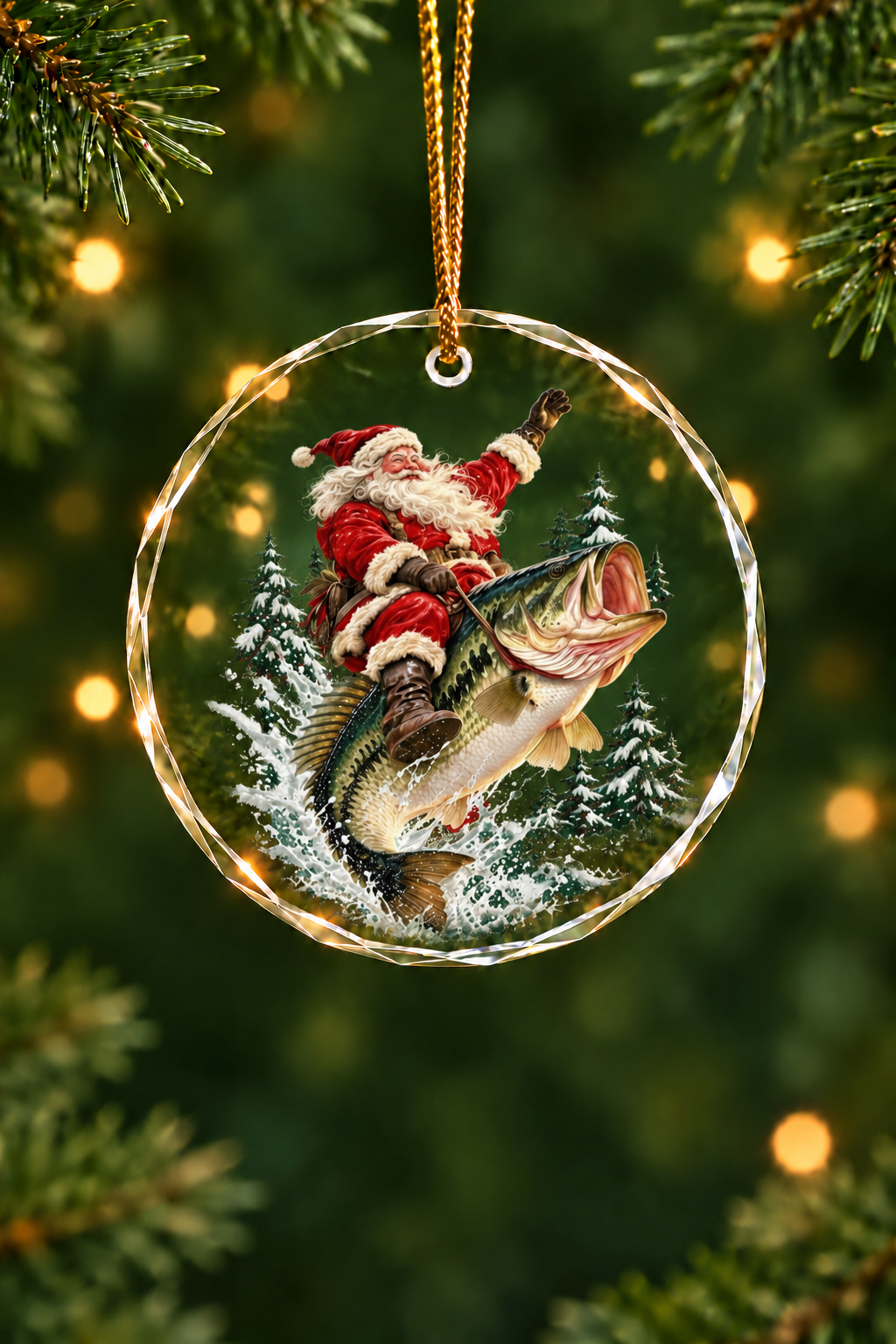 Santa Festive Bass Rodeo Glass Ornament, Fisherman Christmas Gift