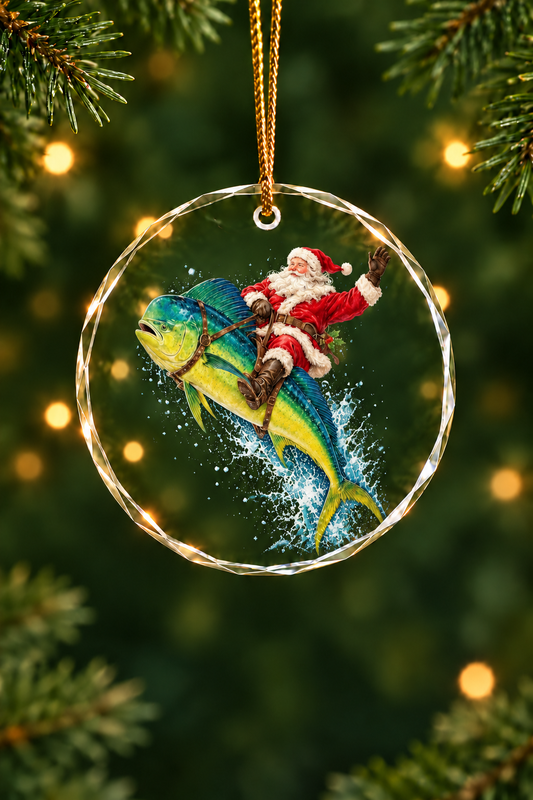 Santa Mahi Mahi Express Glass Ornament, Saltwater Fishing Christmas Keepsake