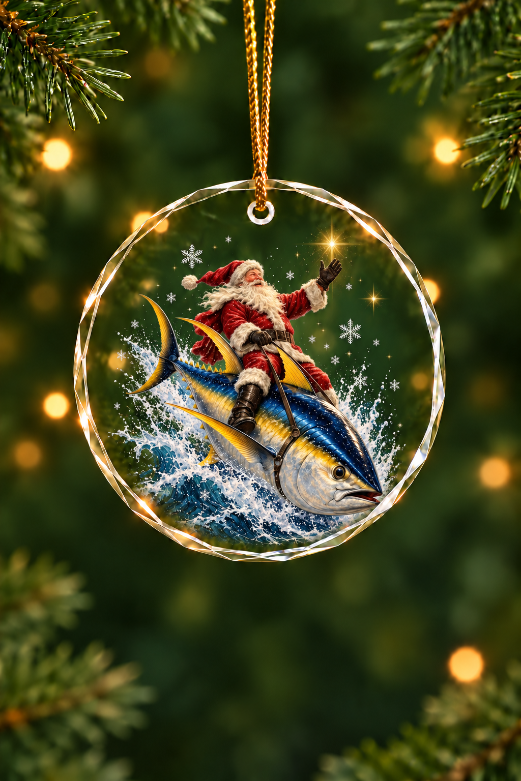 Santa Starlight Yellowfin Tuna Sleigh Glass Ornament, Angler Holiday Tree Decor