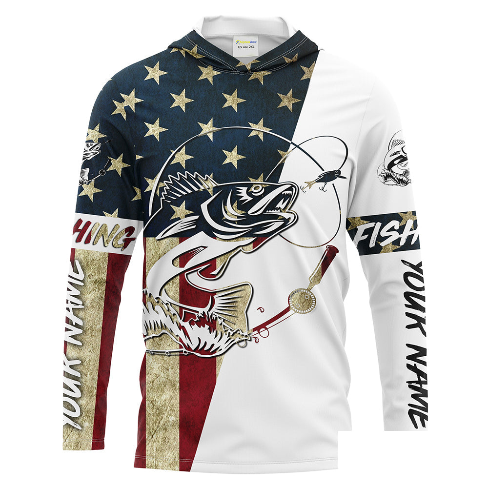 Walleye Fishing American Flag Custom Long Sleeve Fishing Shirts, Personalized Patriotic Fishing Gifts UV clothing - IPHW1109