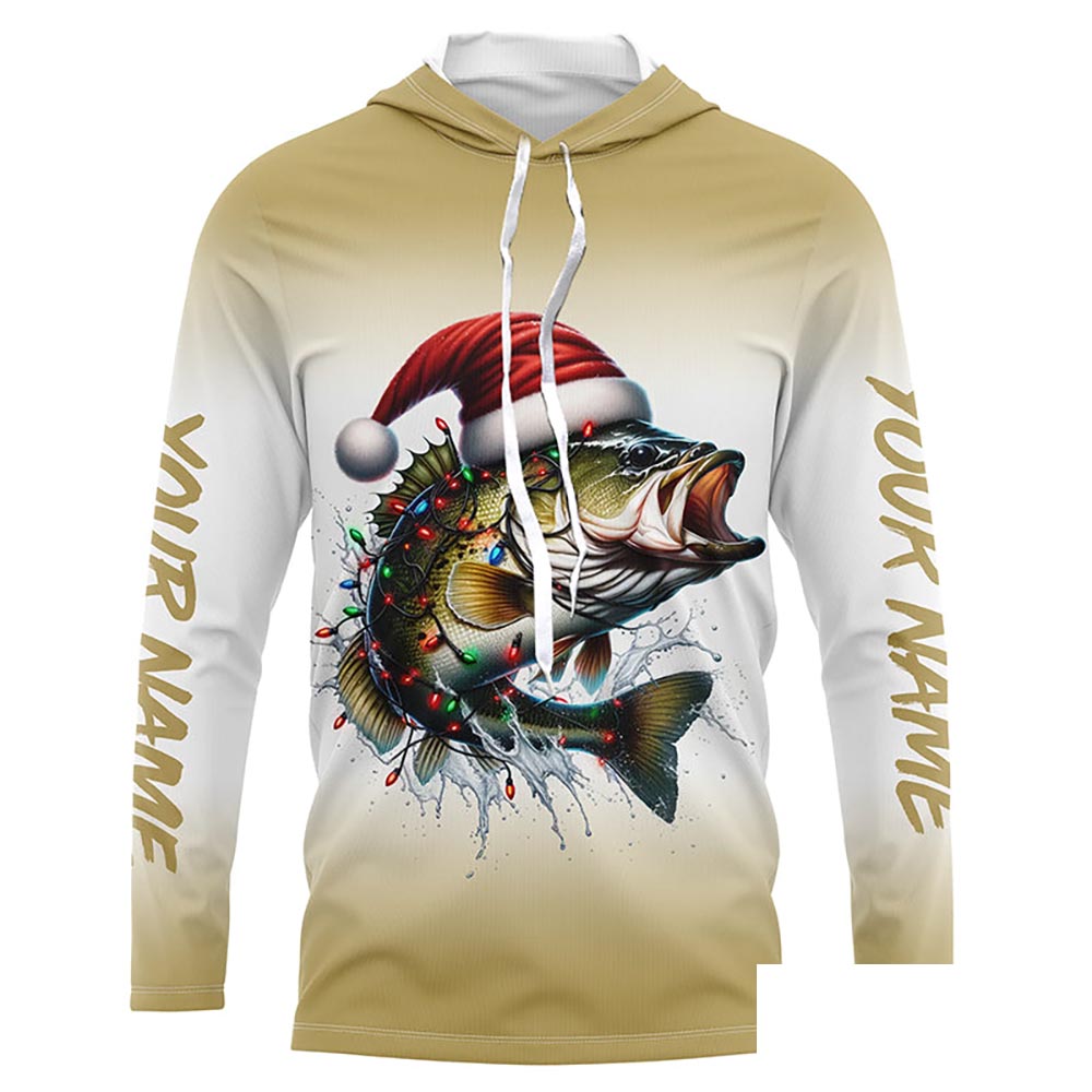 Christmas Lights String Bass Christmas Fishing Shirts With Customized Name, Xmas Fishing Gifts IPHW5584