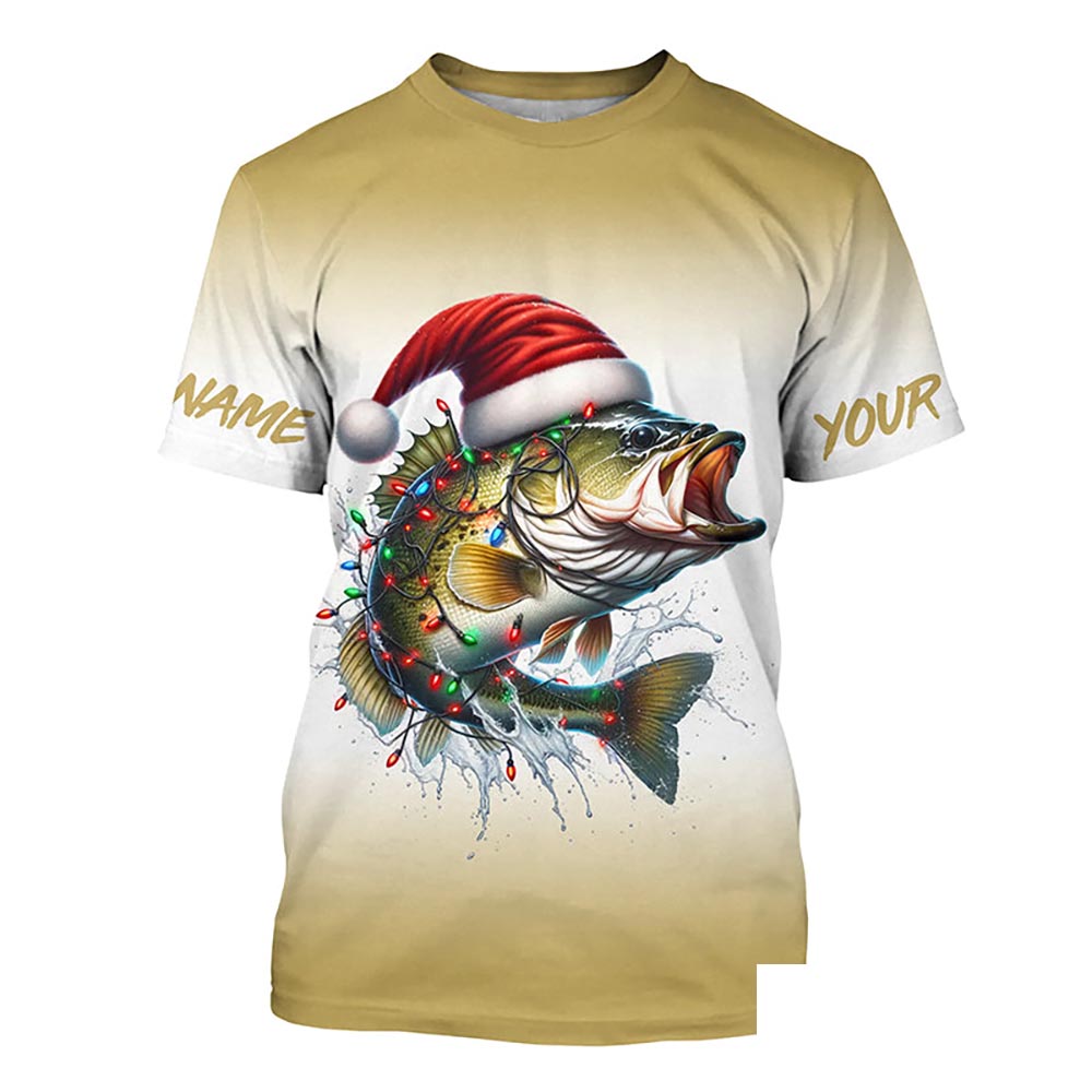Christmas Lights String Bass Christmas Fishing Shirts With Customized Name, Xmas Fishing Gifts IPHW5584