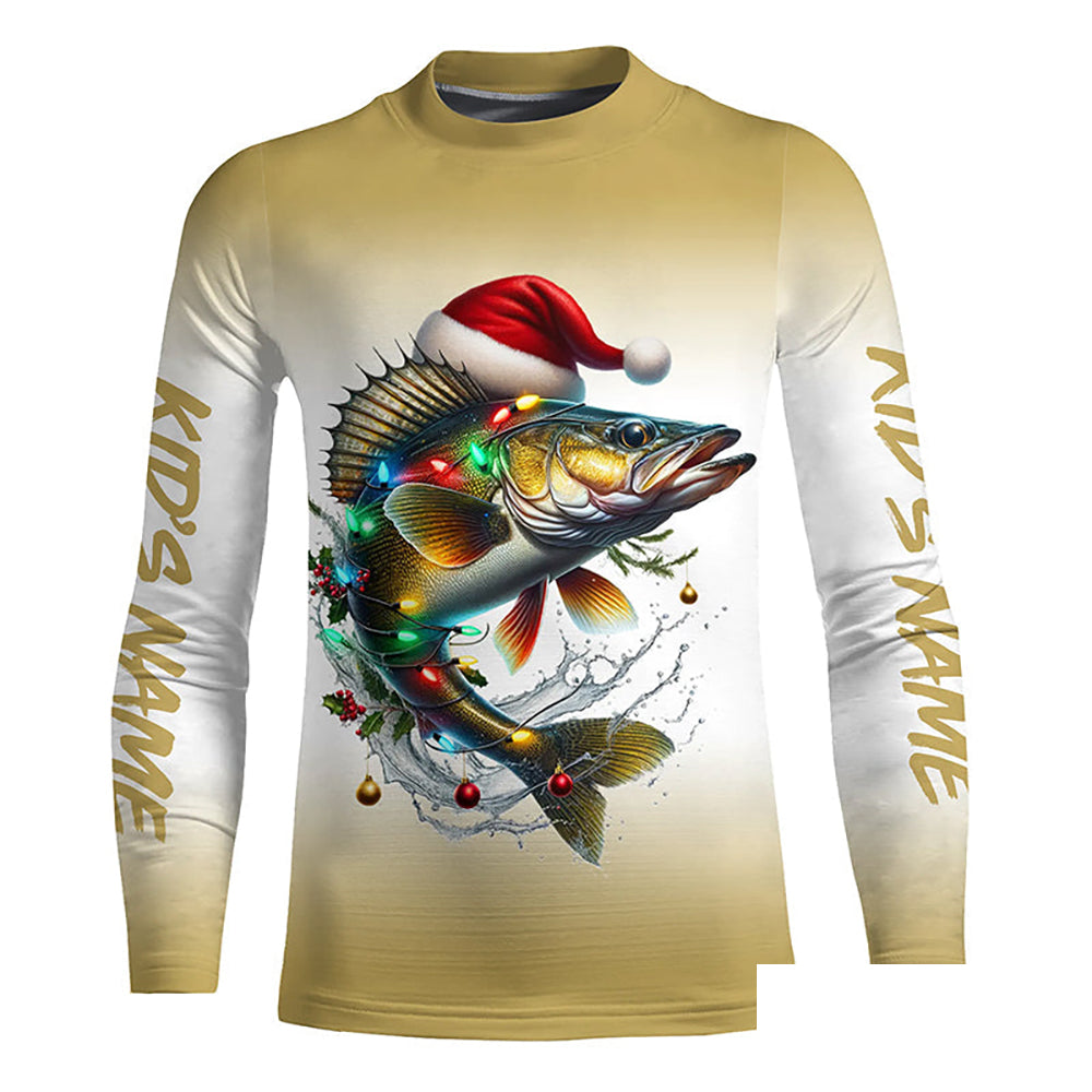 Christmas Lights String Walleye Christmas Fishing Shirts With Customized Name, Xmas Fishing Gifts IPHW5585