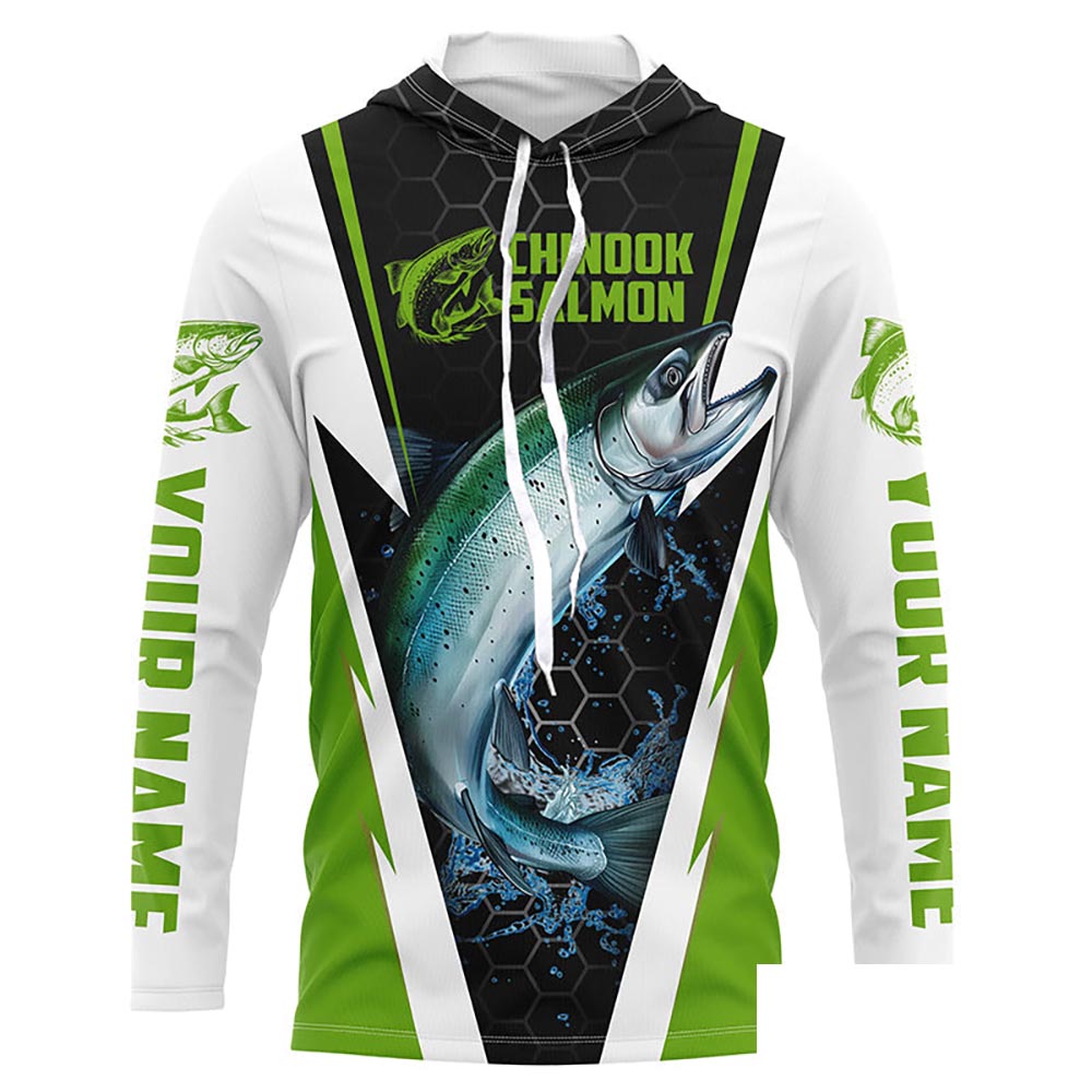 Custom Chinook King Salmon Fishing Jerseys, Salmon Long Sleeve Tournament Fishing Shirts | Green IPHW6065