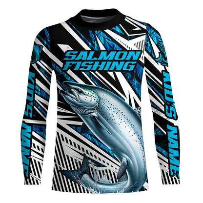 Salmon Fishing Custom Long Sleeve Performance Fishing Shirts, Blue Camo Salmon Fishing Jerseys IPHW6087