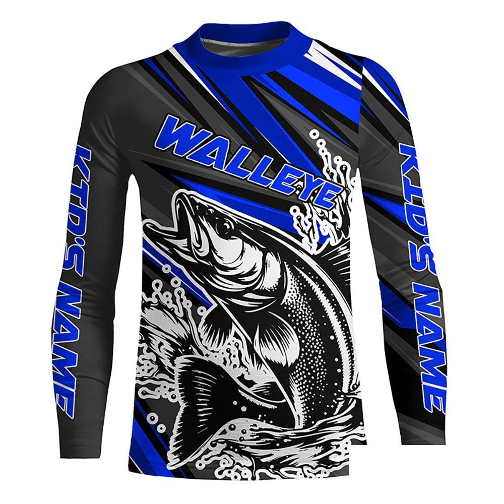 Personalized Walleye Fishing Jerseys, Walleye Fishing Long Sleeve Tournament Fishing Shirts | Blue IPHW5788