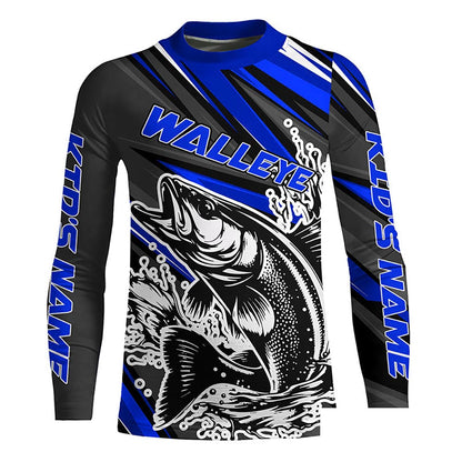 Personalized Walleye Fishing Jerseys, Walleye Fishing Long Sleeve Tournament Fishing Shirts | Blue IPHW5788
