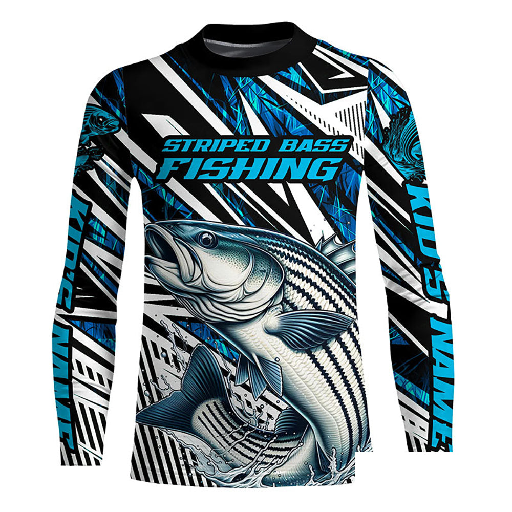 Custom Striped Bass Long Sleeve Tournament Fishing Shirts, Striper Fishing Jerseys | Blue Camo IPHW6124