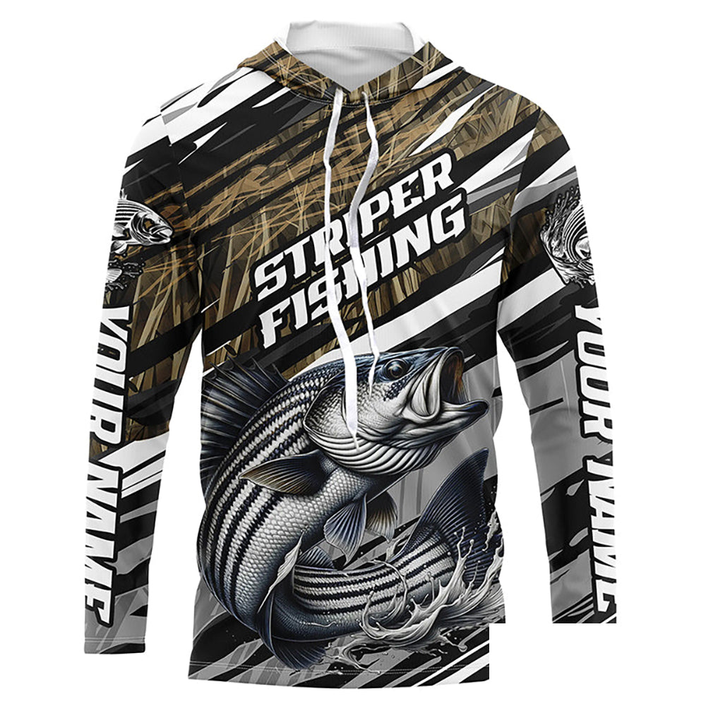 Striped Bass Fishing Camo Long Sleeve Fishing Shirts, Custom Striper Tournament Fishing Jerseys IPHW5954