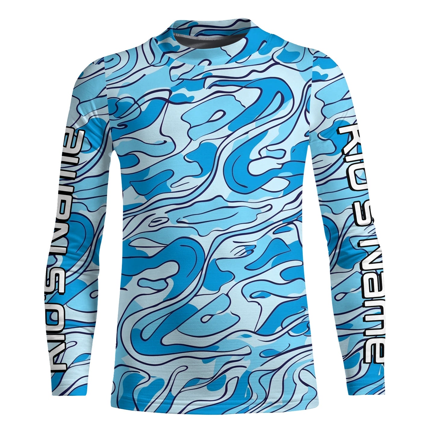 Turquoise Blue Camo Custom Long Sleeve Performance Fishing Shirts, Blue Camouflage Fishing Jerseys IPHW5972