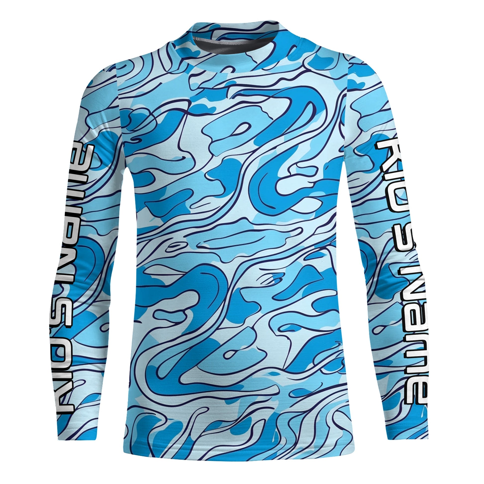 Turquoise Blue Camo Custom Long Sleeve Performance Fishing Shirts, Blue Camouflage Fishing Jerseys IPHW5972