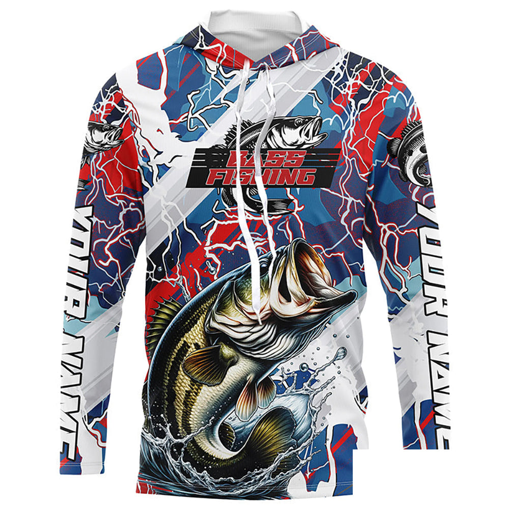 Red, White And Blue Lightning Camo Custom Largemouth Bass Long Sleeve Tournament Fishing Shirts IPHW6029