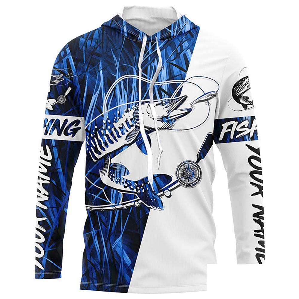 Musky Fishing Tattoo Blue Grass Camo Custom Long Sleeve Tournament Shirts, Muskie Fishing Jerseys IPHW6294