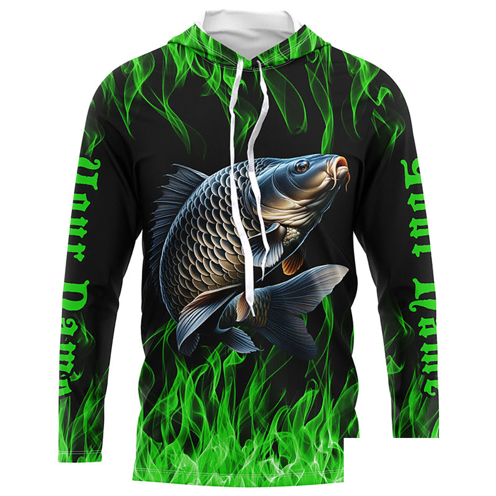 Green Flame Custom Carp Long Sleeve Tournament Fishing Shirts, Carp Uv Protection Fishing Shirt IPHW7364