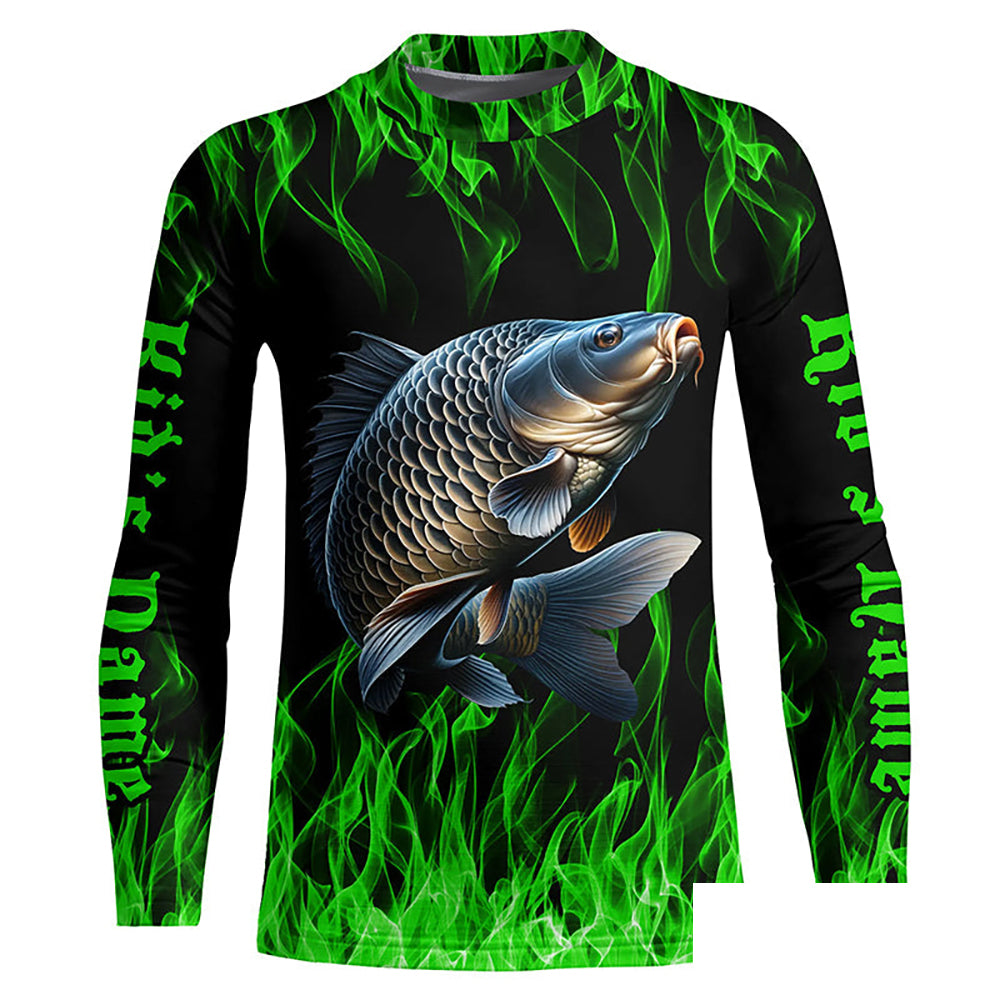 Green Flame Custom Carp Long Sleeve Tournament Fishing Shirts, Carp Uv Protection Fishing Shirt IPHW7364