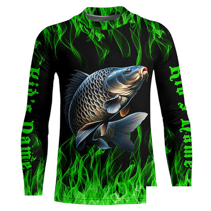 Green Flame Custom Carp Long Sleeve Tournament Fishing Shirts, Carp Uv Protection Fishing Shirt IPHW7364