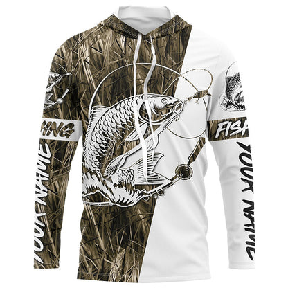 Personalized Carp Fishing Tattoo Grass Camo Long Sleeve Fishing Shirt, Carp Tournament Fishing Shirt IPHW7365