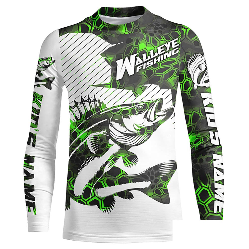 Custom Walleye Fishing Jerseys, Walleye Fishing Long Sleeve Fishing Tournament Shirts | Green Camo IPHW5730