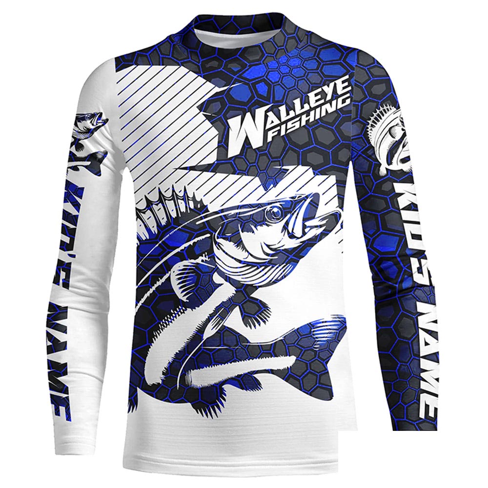 Custom Walleye Fishing Jerseys, Walleye Fishing Long Sleeve Fishing Tournament Shirts | Blue Camo IPHW5731