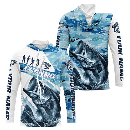 Bass Fishing Custom Long Sleeve Tournament Shirts, Blue Camo Bass Fishing Jerseys For Fisherman IPHW6318
