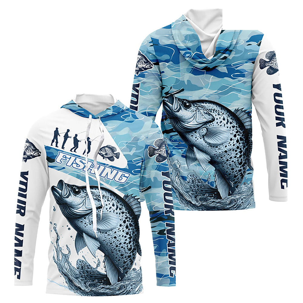 Crappie Fishing Custom Long Sleeve Tournament Shirts, Blue Camo Crappie Fishing Jersey For Fisherman IPHW6320