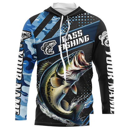 Personalized Blue Camo Bass Fishing Jerseys, Largemouth Bass Long Sleeve Tournament Fishing Shirts IPHW6329