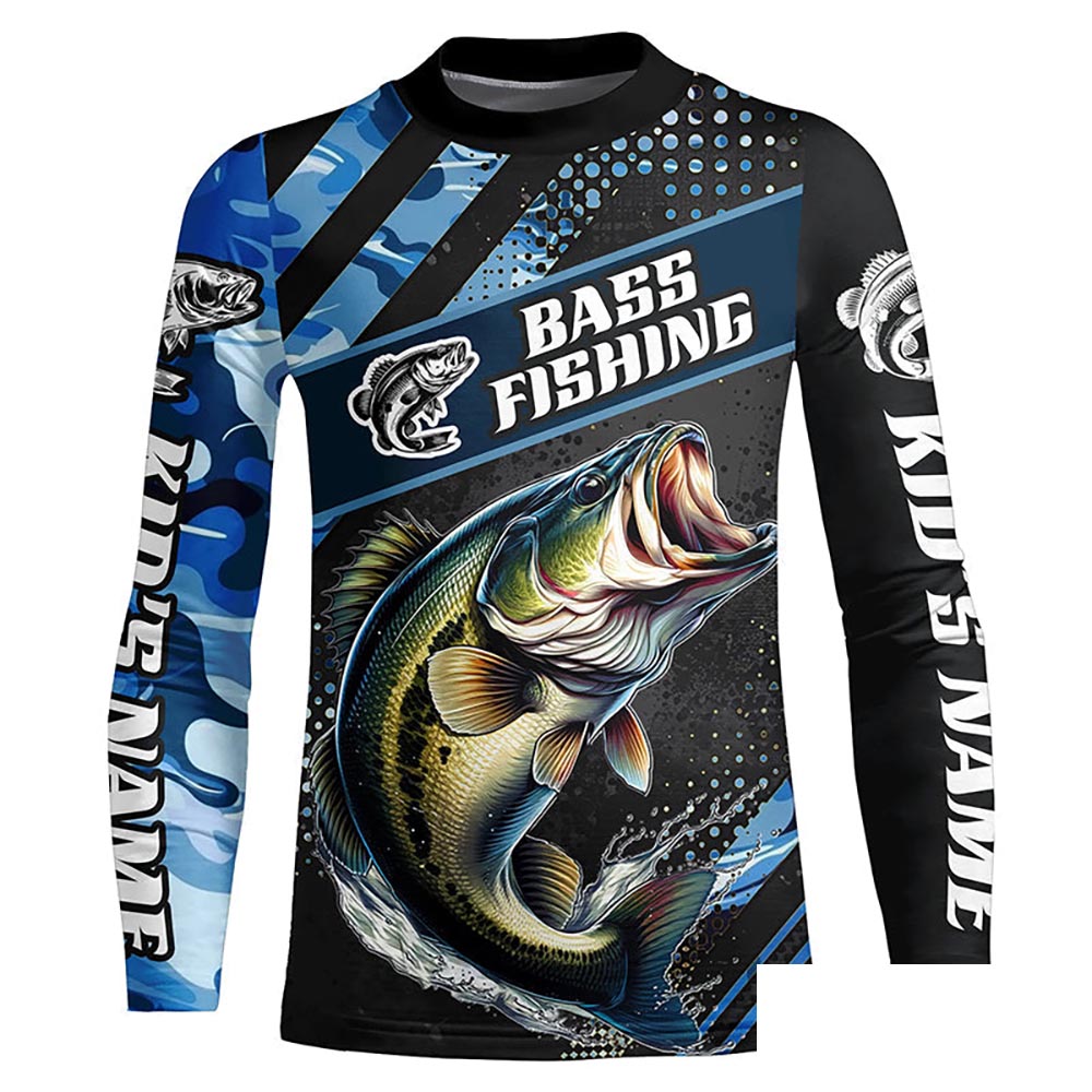Personalized Blue Camo Bass Fishing Jerseys, Largemouth Bass Long Sleeve Tournament Fishing Shirts IPHW6329