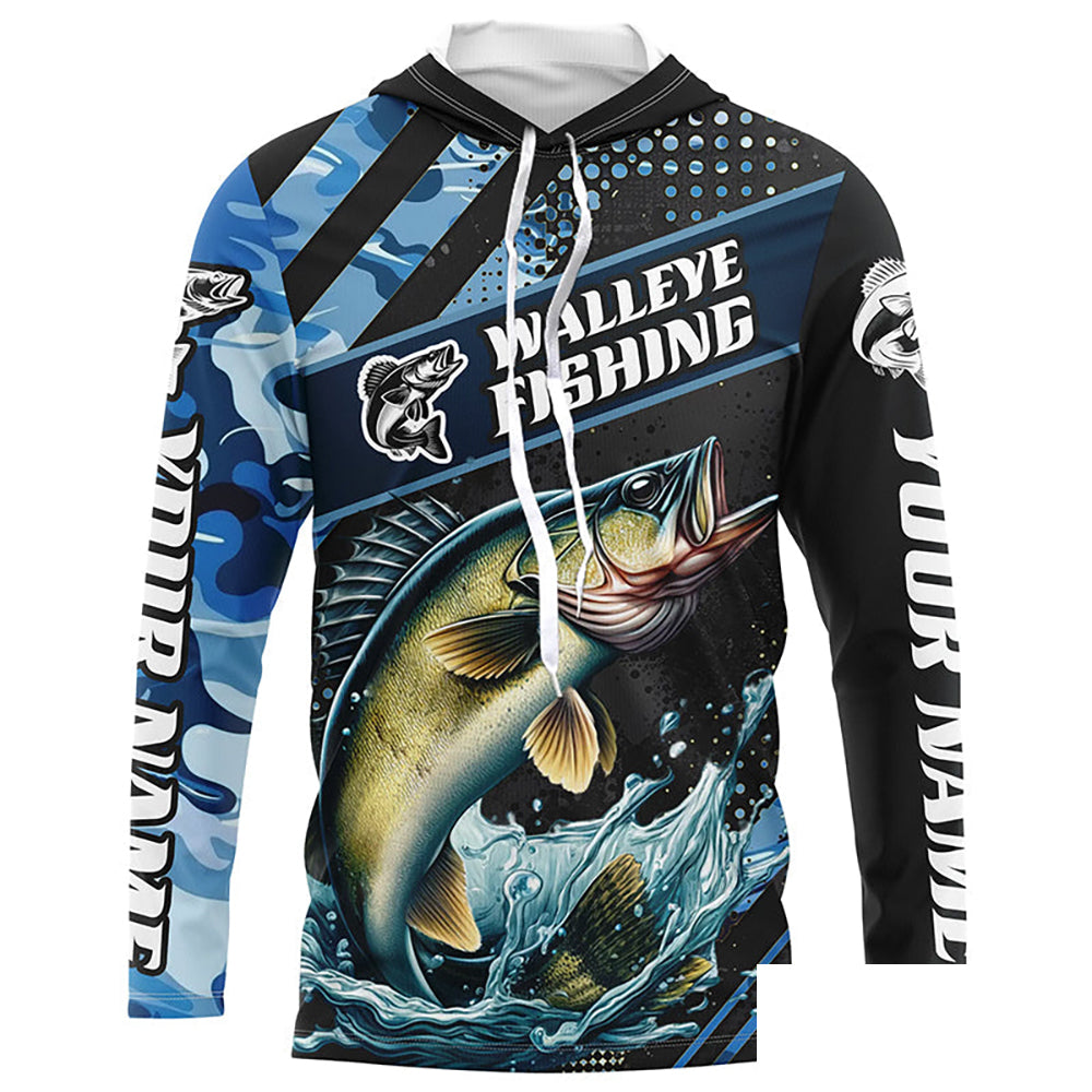 Personalized Blue Camo Walleye Fishing Jerseys, Walleye Long Sleeve Tournament Fishing Shirts IPHW6330