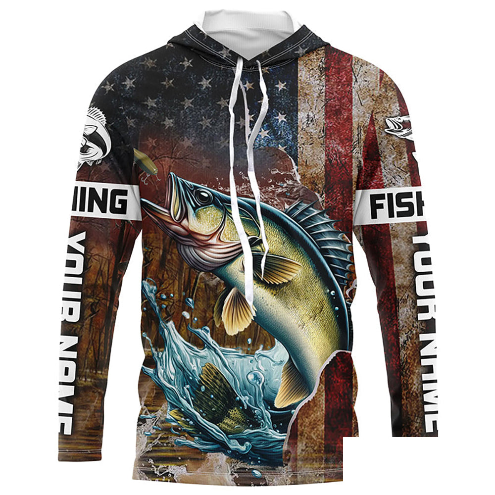 Custom Walleye Long Sleeve Fishing Shirts For Men, Patriotic Amerian Flag Walleye Fishing Shirt IPHW6891