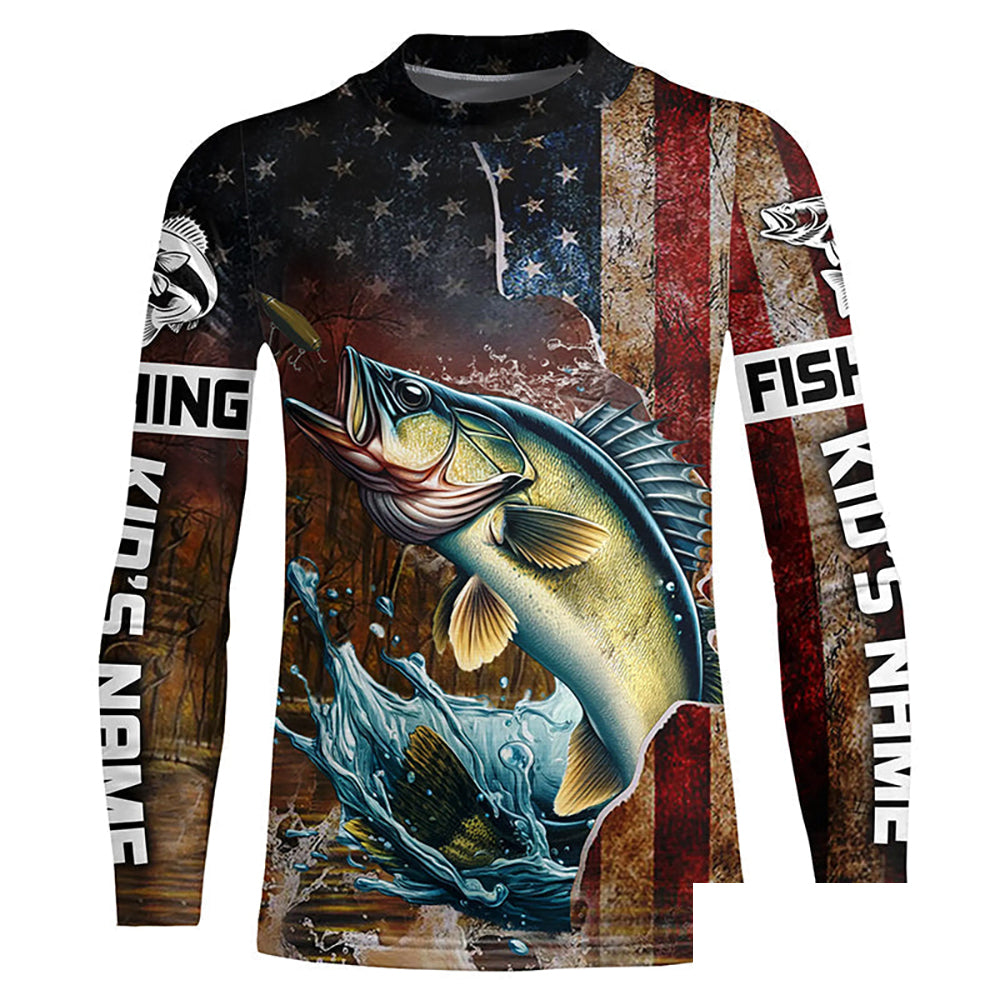 Custom Walleye Long Sleeve Fishing Shirts For Men, Patriotic Amerian Flag Walleye Fishing Shirt IPHW6891