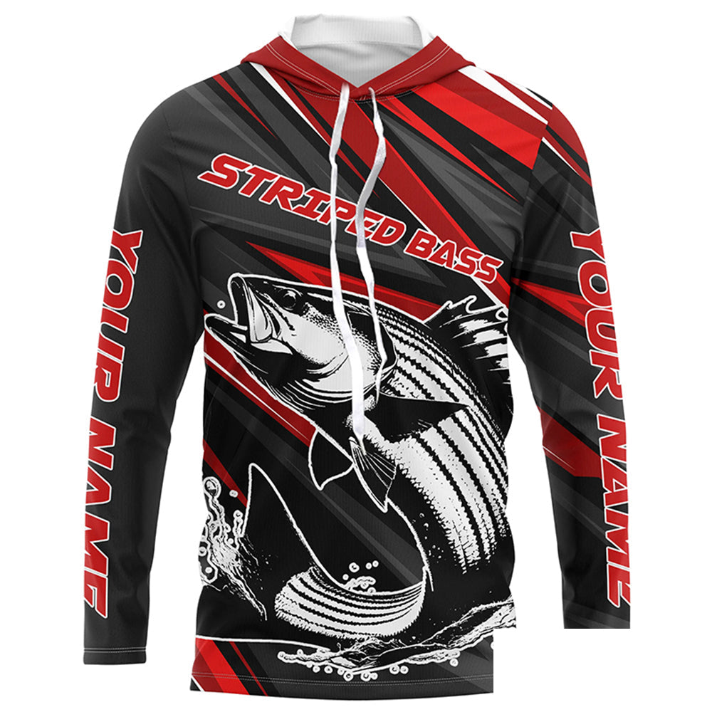 Black And Red Striped Bass Fishing Jerseys, Custom Striper Long Sleeve Performance Fishing Shirts IPHW6897