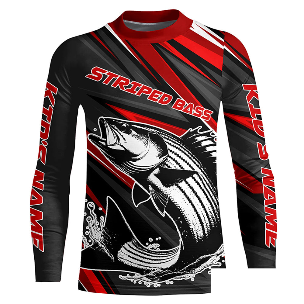 Black And Red Striped Bass Fishing Jerseys, Custom Striper Long Sleeve Performance Fishing Shirts IPHW6897