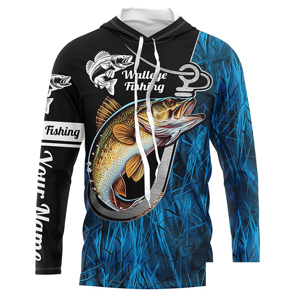 Fish Hook Walleye Fishing Custom Long Sleeve Tournament Fishing Shirts Fishing Jerseys | Blue Camo IPHW5736