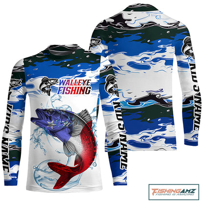 Custom Patriotic Walleye Fishing Camo Jerseys, American Flag Walleye Long Sleeve Fishing Shirts IPHW6050