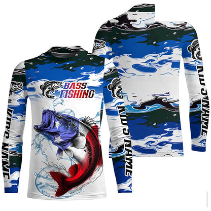 Custom Patriotic Bass Fishing Camo Jerseys, American Flag Bass Long Sleeve Fishing Shirts IPHW6051