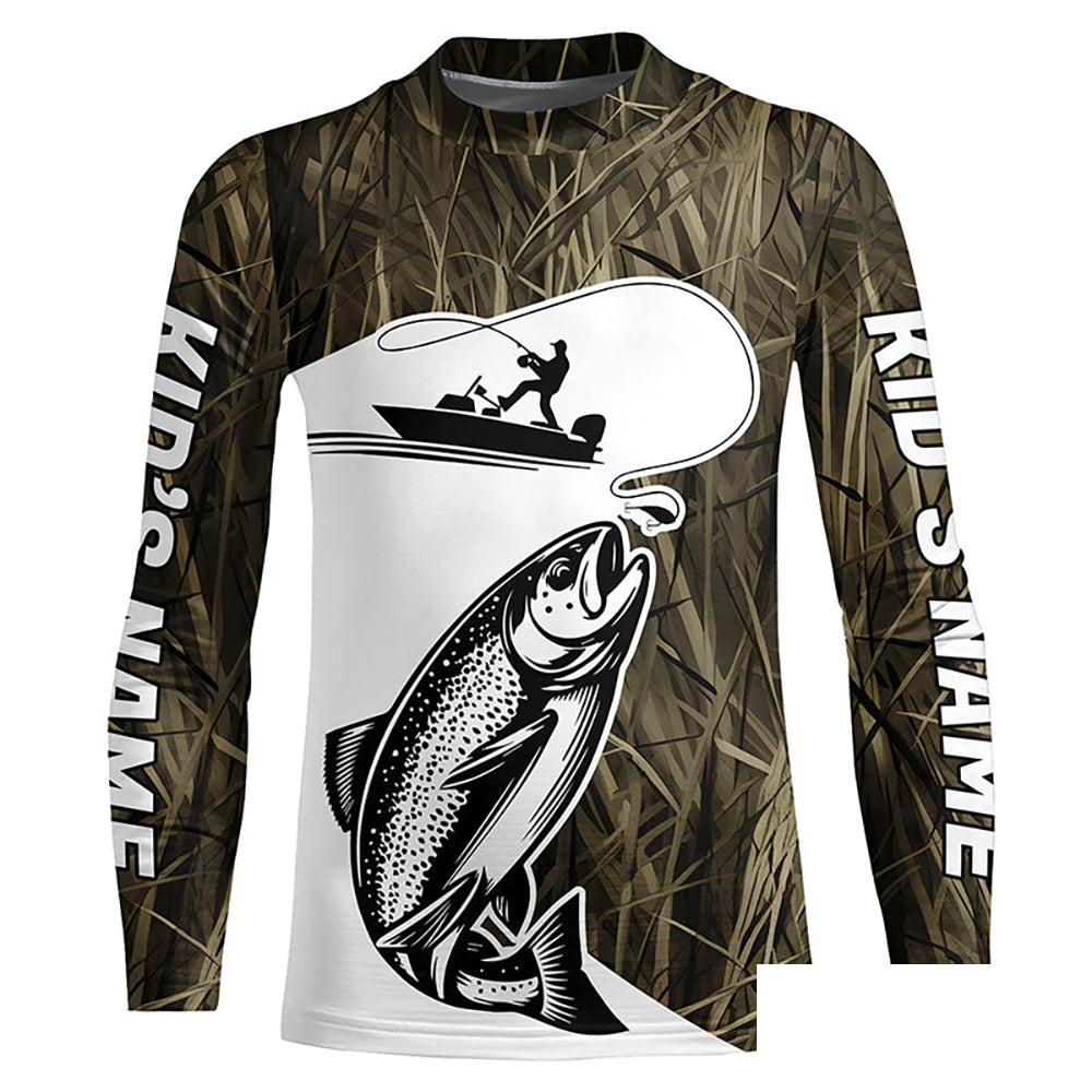 Custom Trout Fishing Camo Long Sleeve Fishing Shirts, Trout Tournament Fly Fishing Shirt IPHW7421