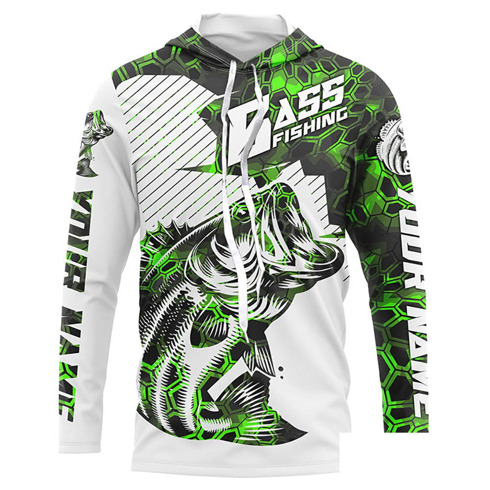 Personalized Bass Fishing Jerseys, Bass Fishing Long Sleeve Fishing Tournament Shirts | Green Camo IPHW5750