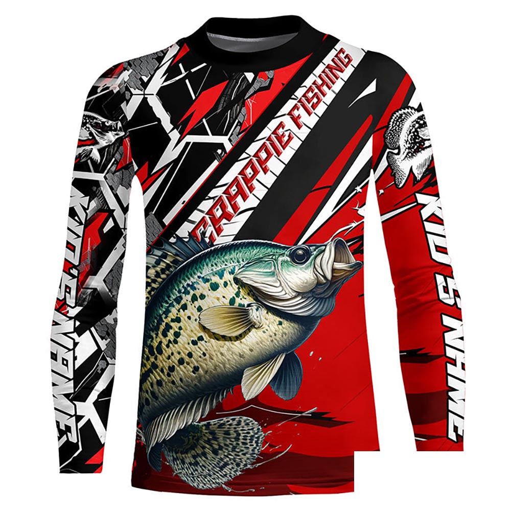 Personalized Crappie Fishing Jerseys, Crappie Long Sleeve Tournament Fishing Shirts | Black And Red IPHW6356