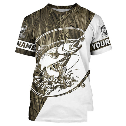 Trout Fishing Grass Camo Custom Long Sleeve Tournament Fishing Shirts, Trout Fly Fishing Shirt IPHW7439